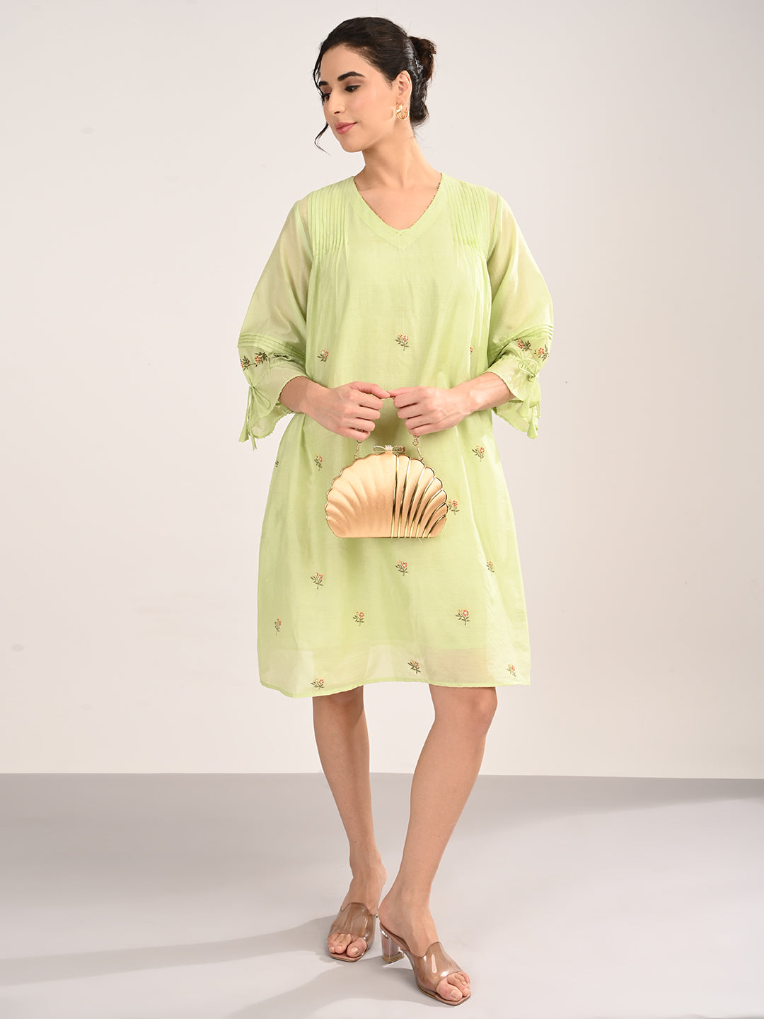 Green Silk Chanderi Knee-Length Dress with Booti Embroidery