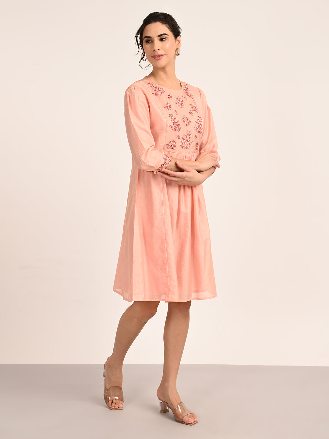 Blush Peach Silk Chanderi Knee-Length Dress with Embroidered Organza Yoke
