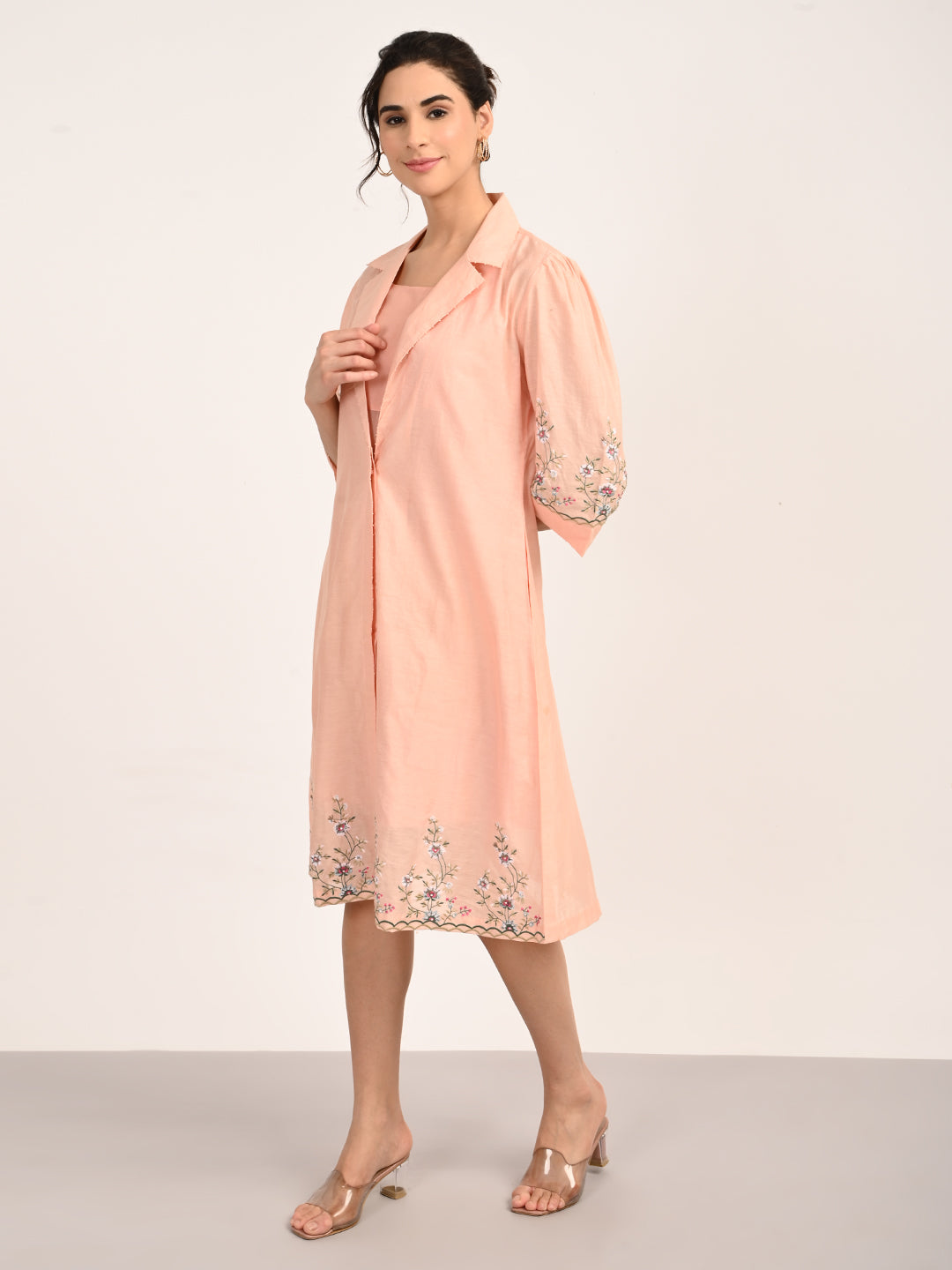 Peach Pink Silk Chanderi Tailored Shirt Dress with Handcrafted Chikankari Embroidery