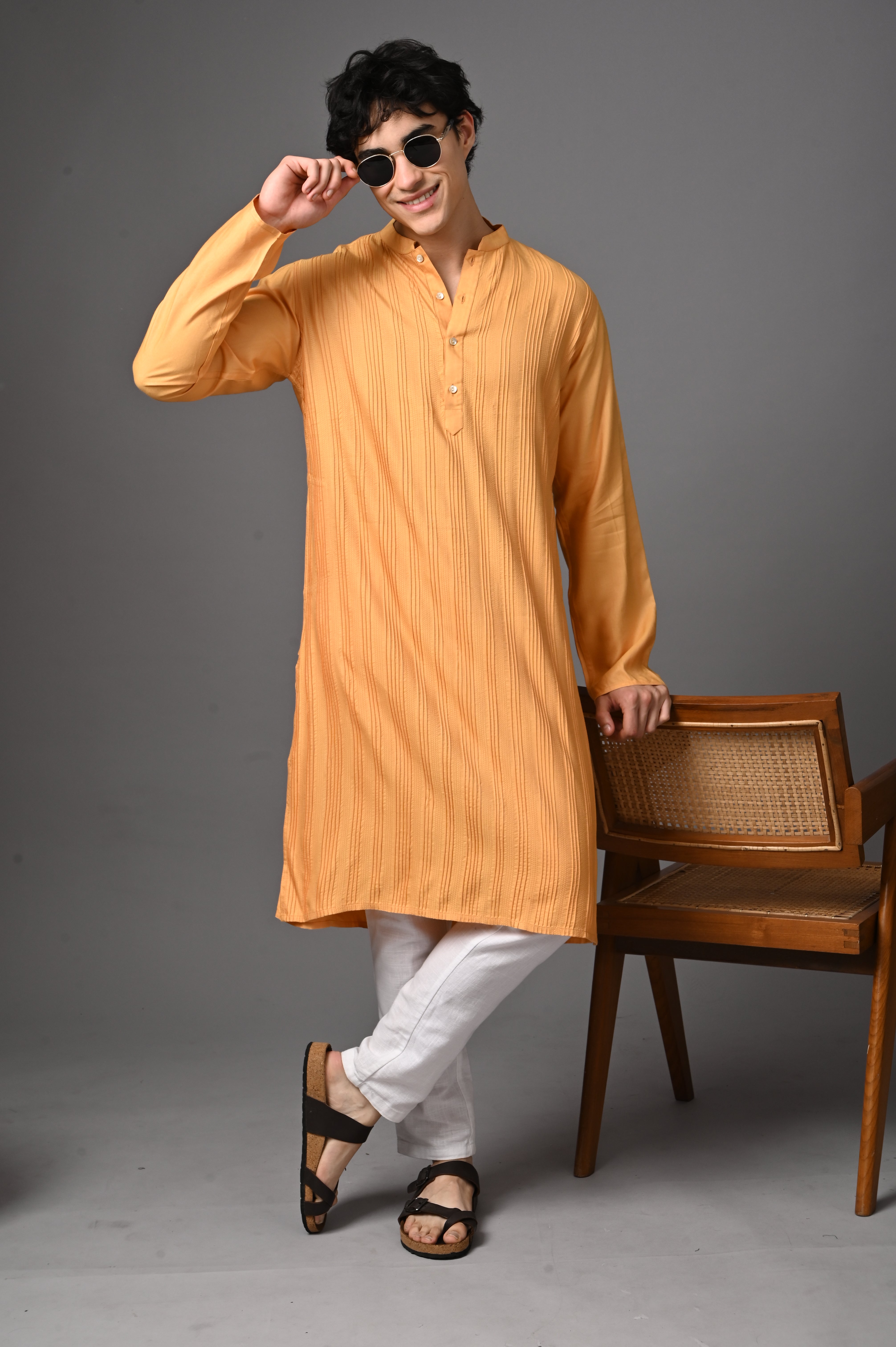 Mustard Yellow Textured Cotton Kurta