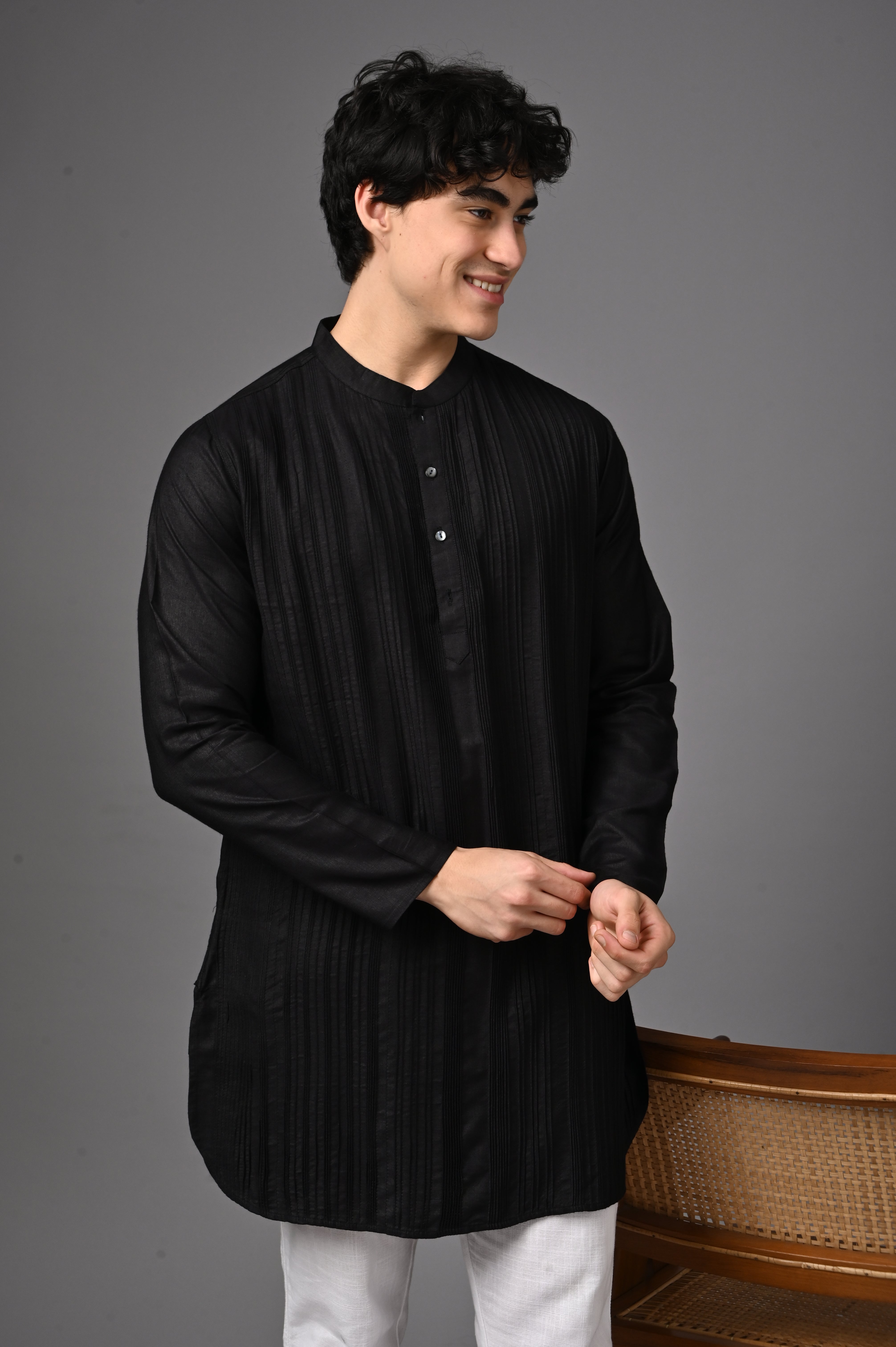 Black Pintuck Cotton Kurta