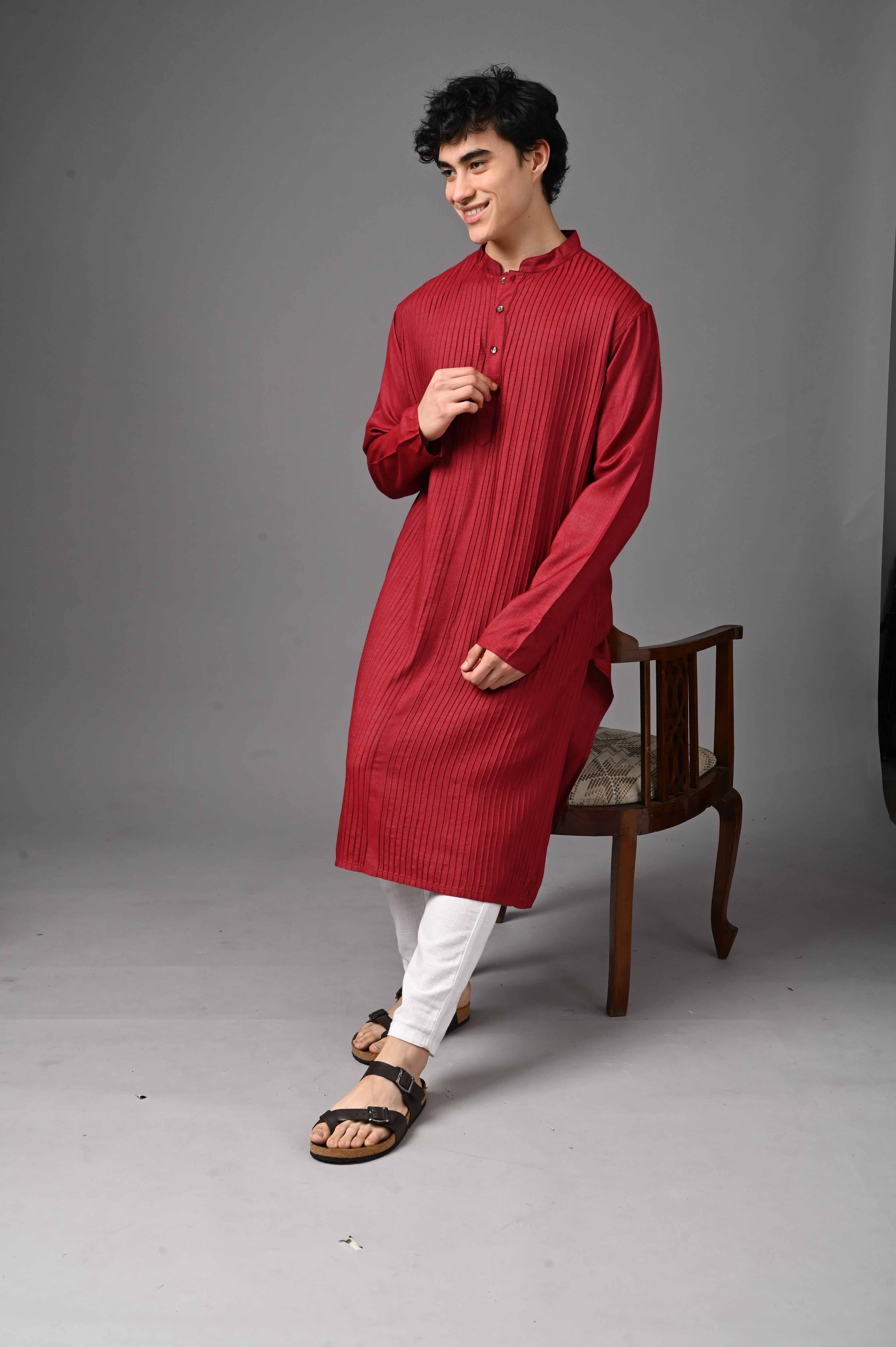Maroon Textured Silk Kurta