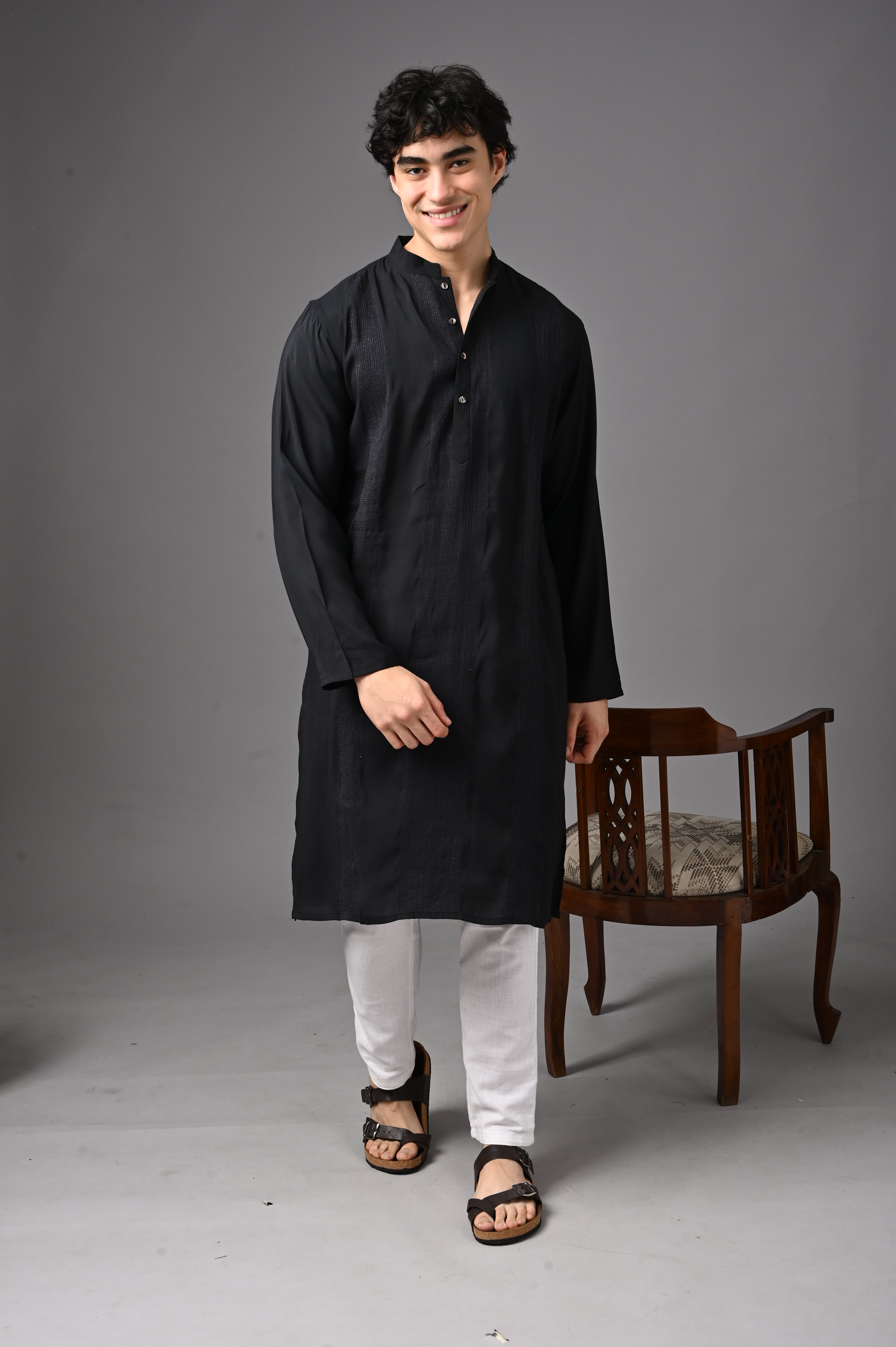 Black Silk-Blend Textured Kurta