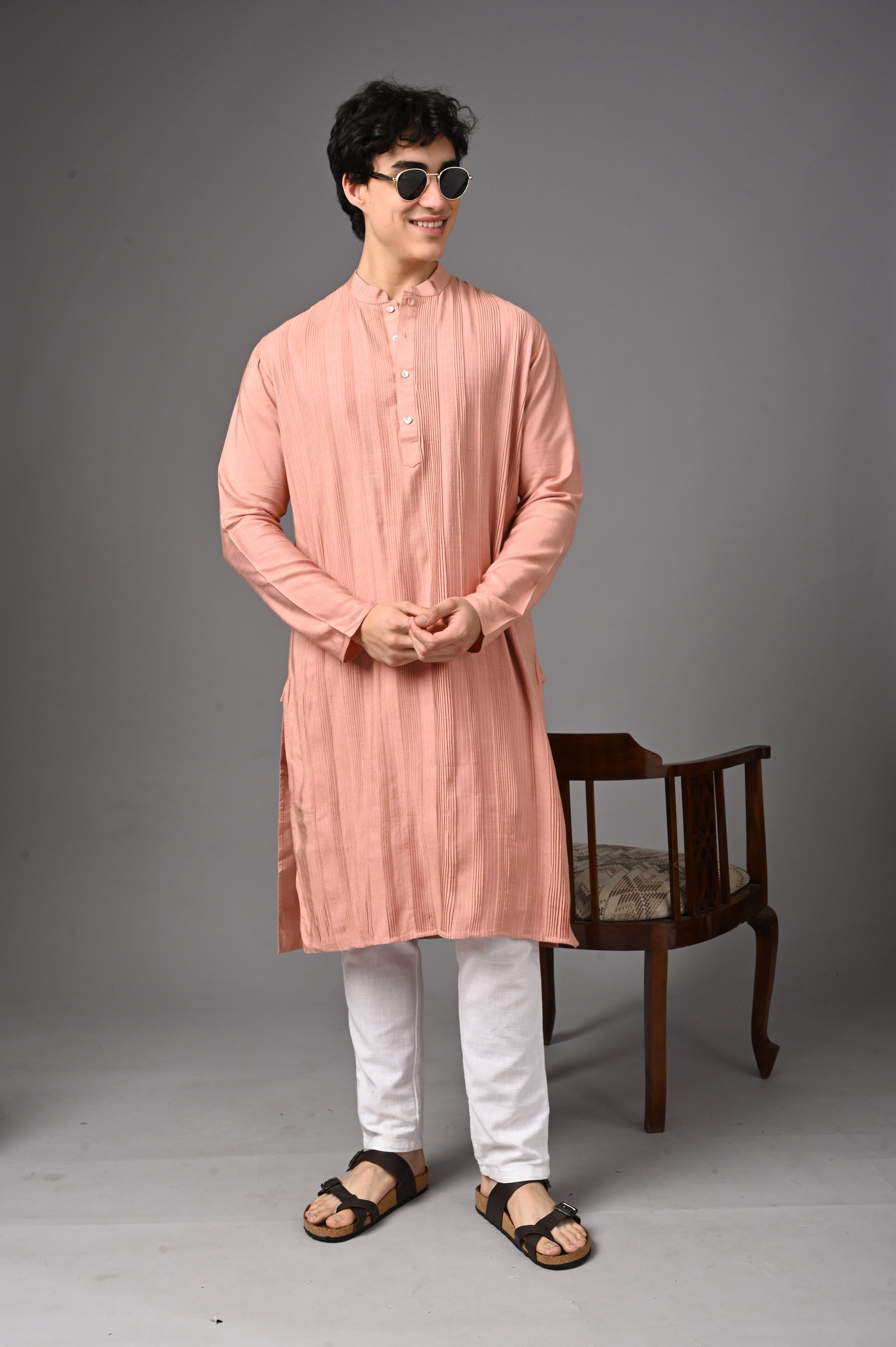 Peach Textured Silk Kurta