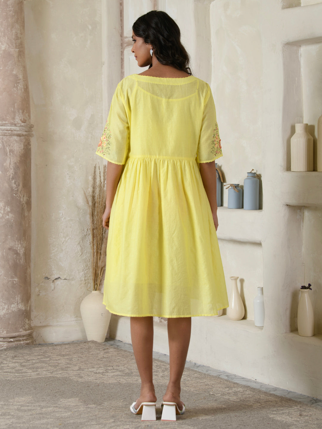 Lemon Yellow Floral Embroidery Dress