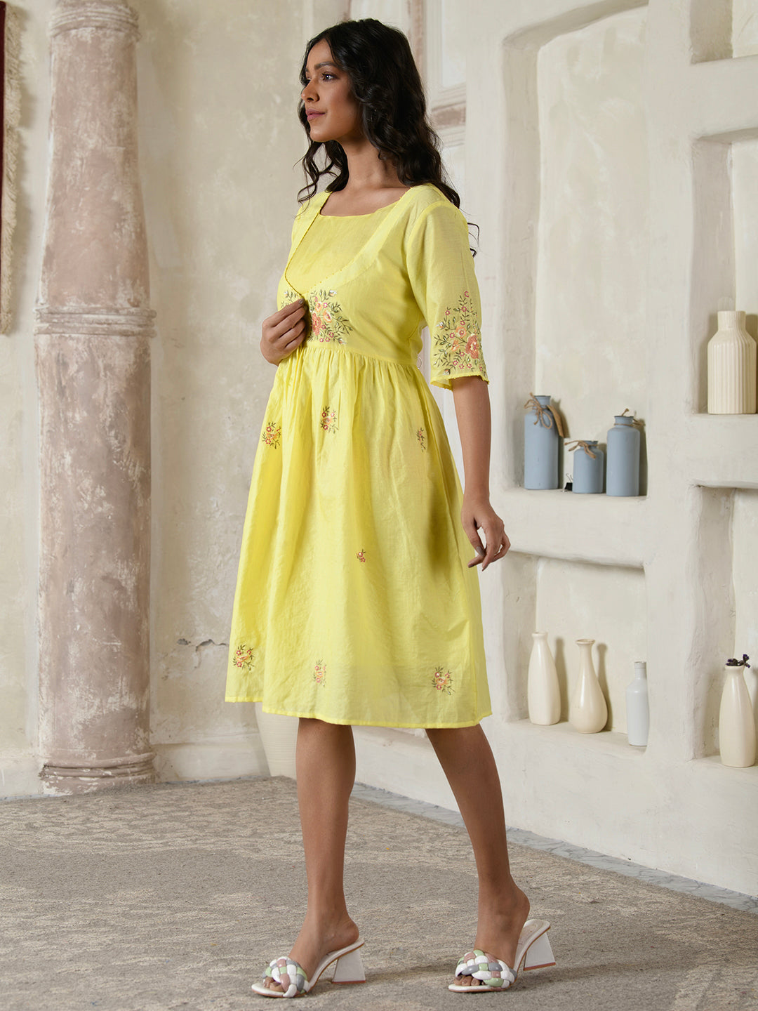 Lemon Yellow Floral Embroidery Dress