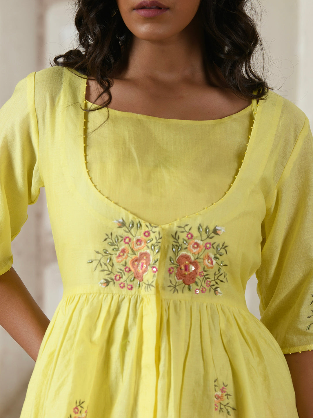 Lemon Yellow Floral Embroidery Dress