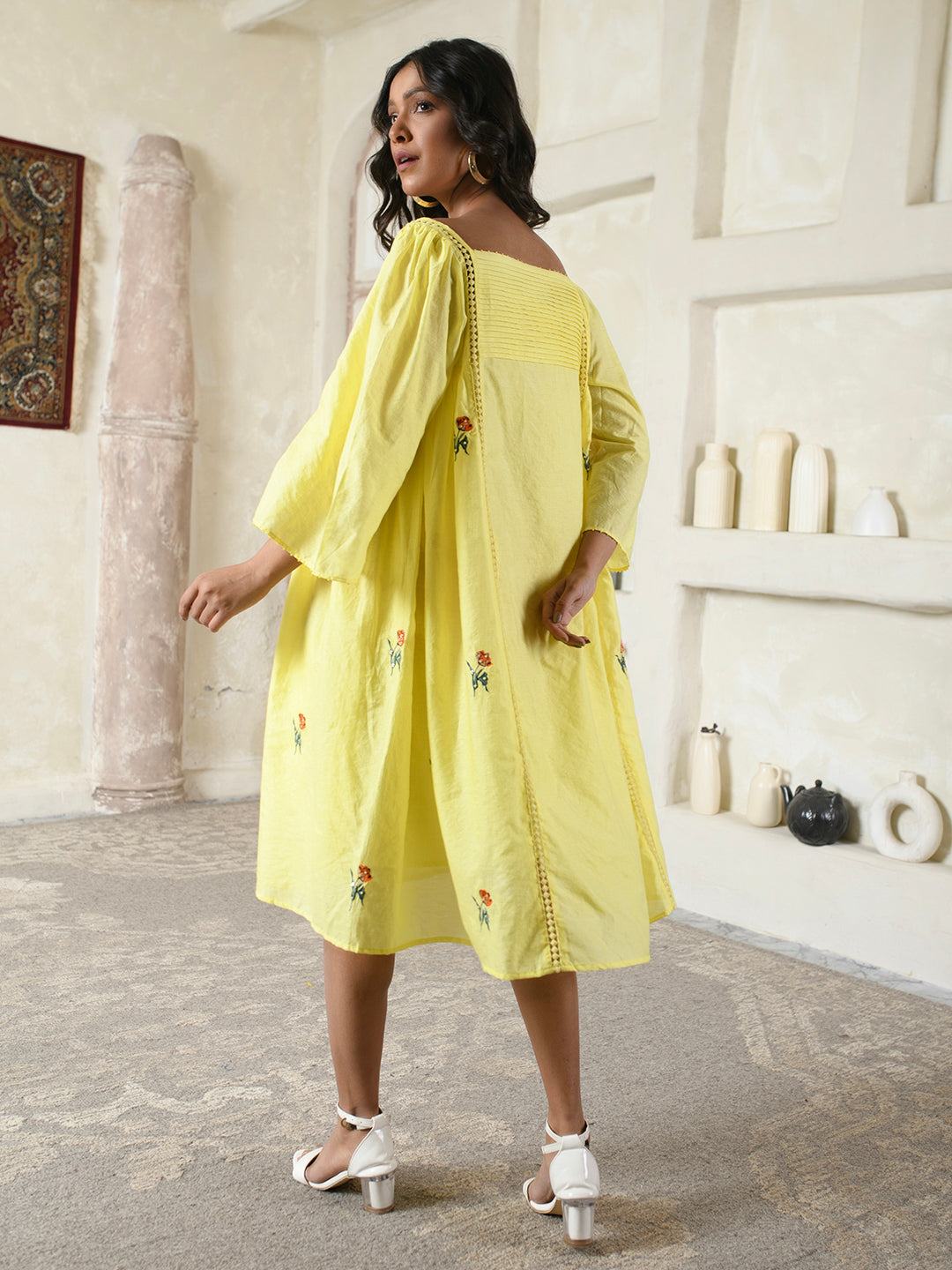 Yellow A-line Embroidery Dress