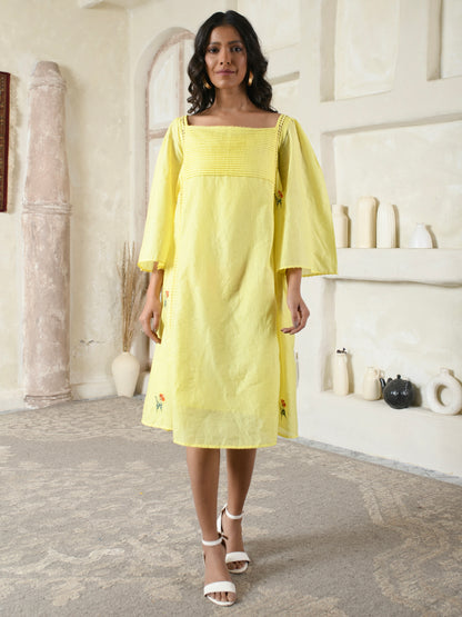 Yellow A-line Embroidery Dress