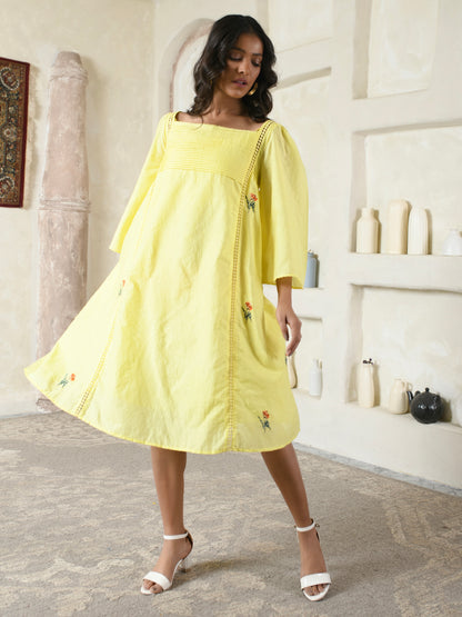 Yellow A-line Embroidery Dress