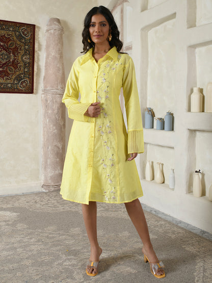 Lemon Yellow Floral Shirt Dress