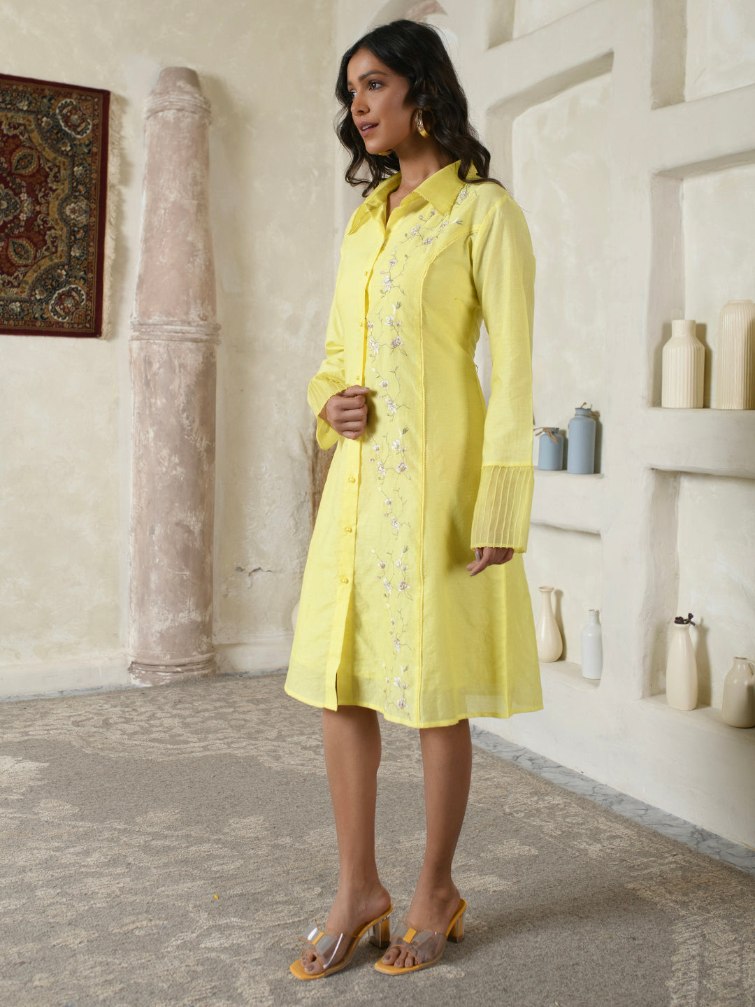 Lemon Yellow Floral Shirt Dress
