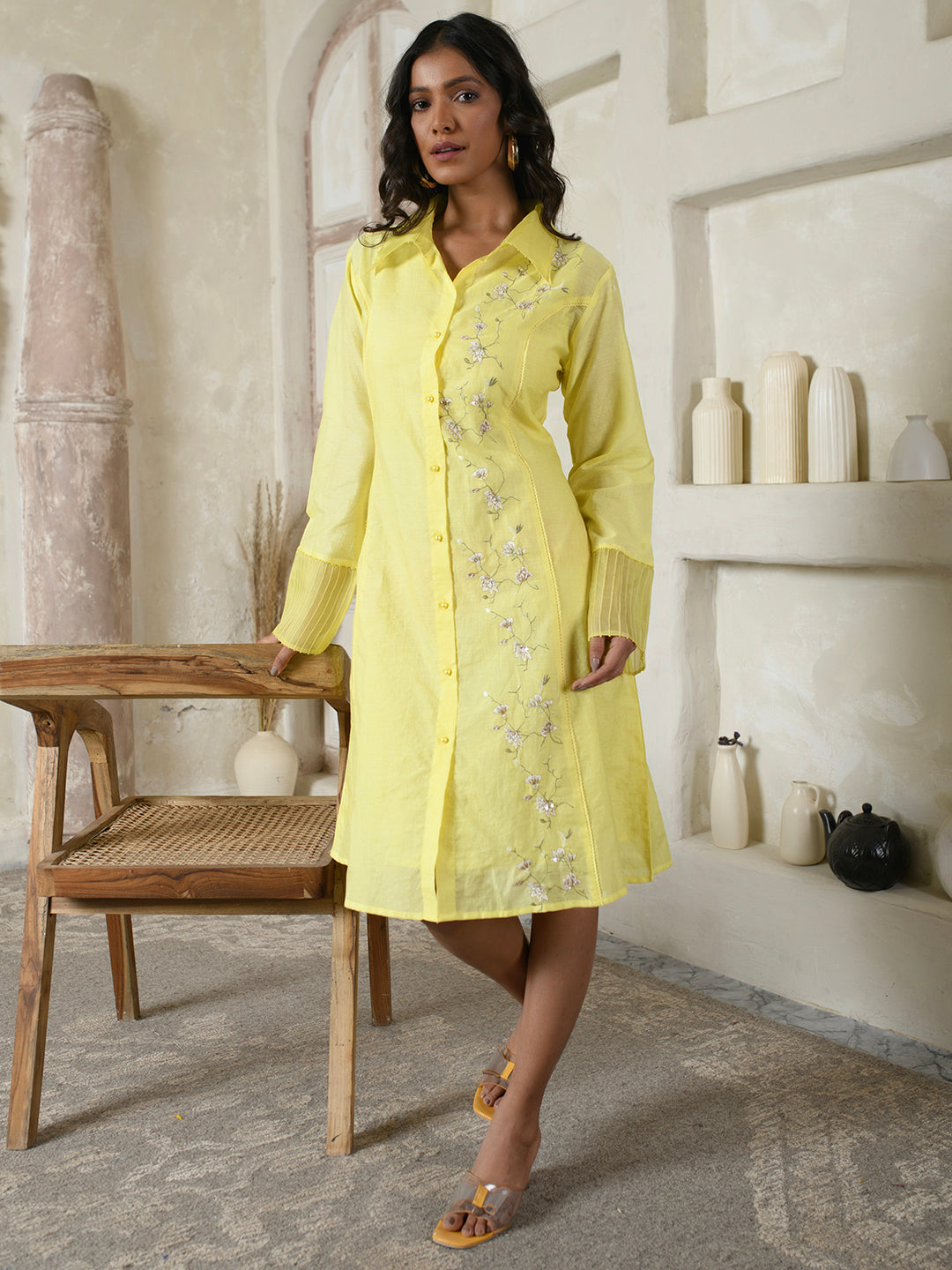 Lemon Yellow Floral Shirt Dress