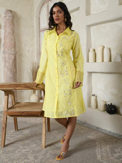 Lemon Yellow Floral Shirt Dress