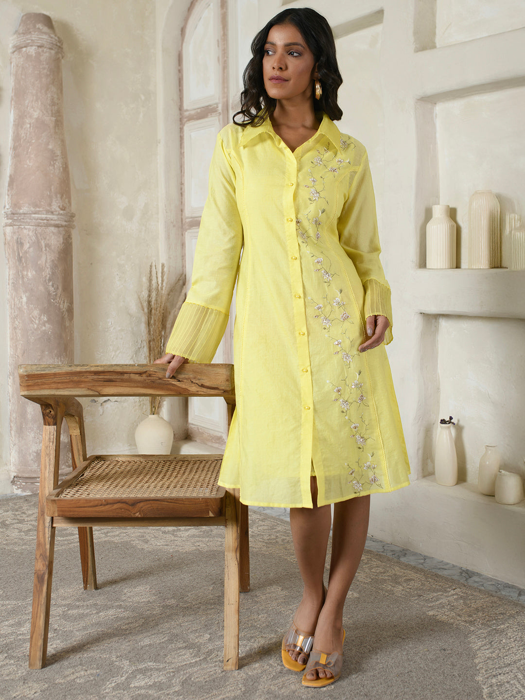 Lemon Yellow Floral Shirt Dress
