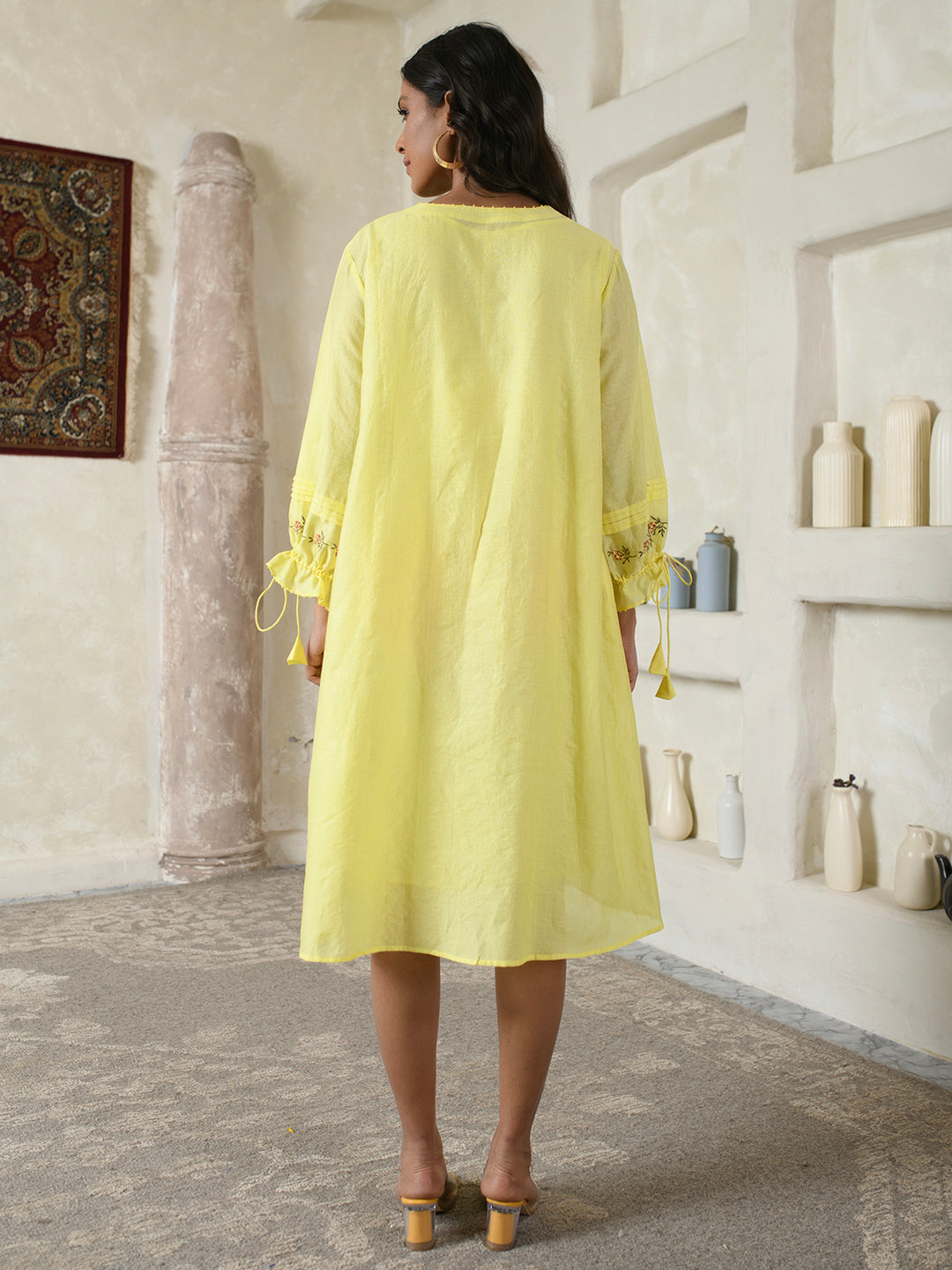 Tie-sleeves Yellow Floral Dress