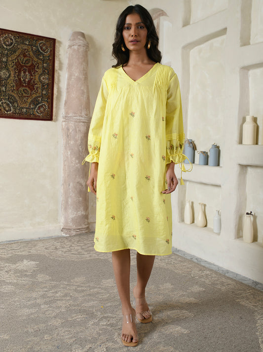 Tie-sleeves Yellow Floral Dress
