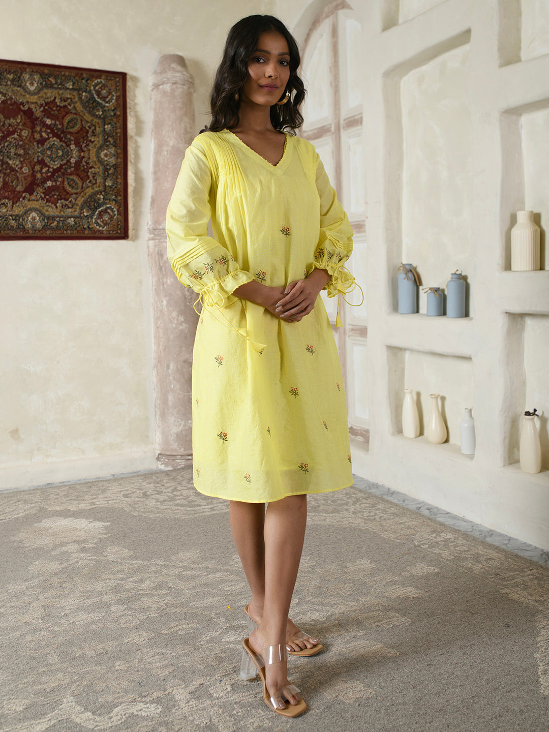 Tie-sleeves Yellow Floral Dress