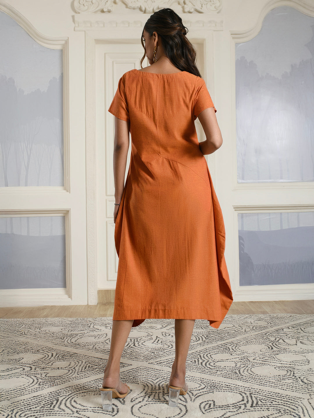 Orange V-neck Cotton Dress