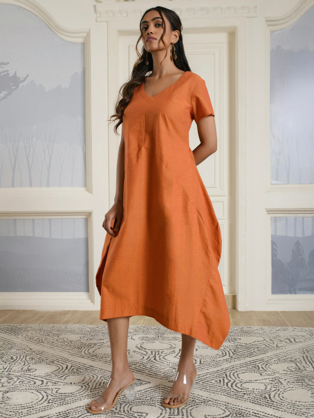 Orange V-neck Cotton Dress
