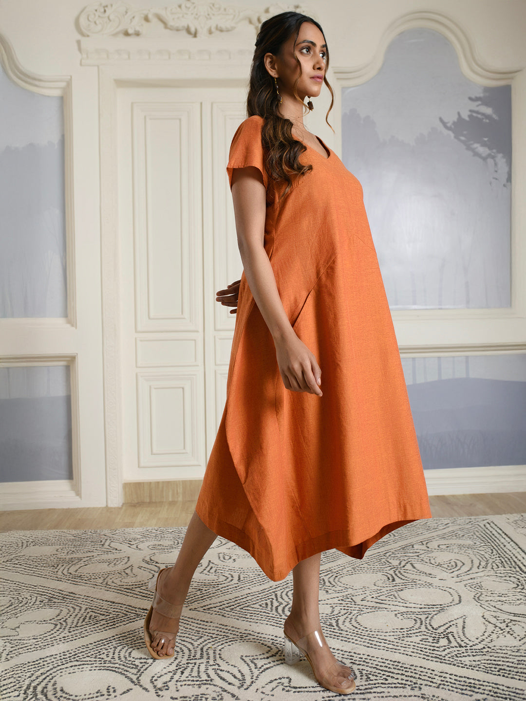 Orange V-neck Cotton Dress