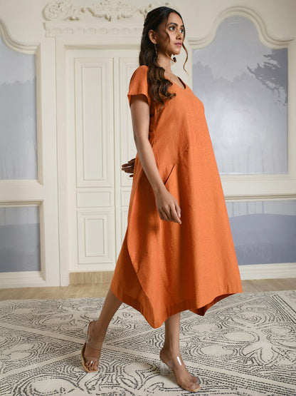 Orange V-neck Cotton Dress
