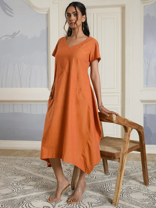 Orange V-neck Cotton Dress