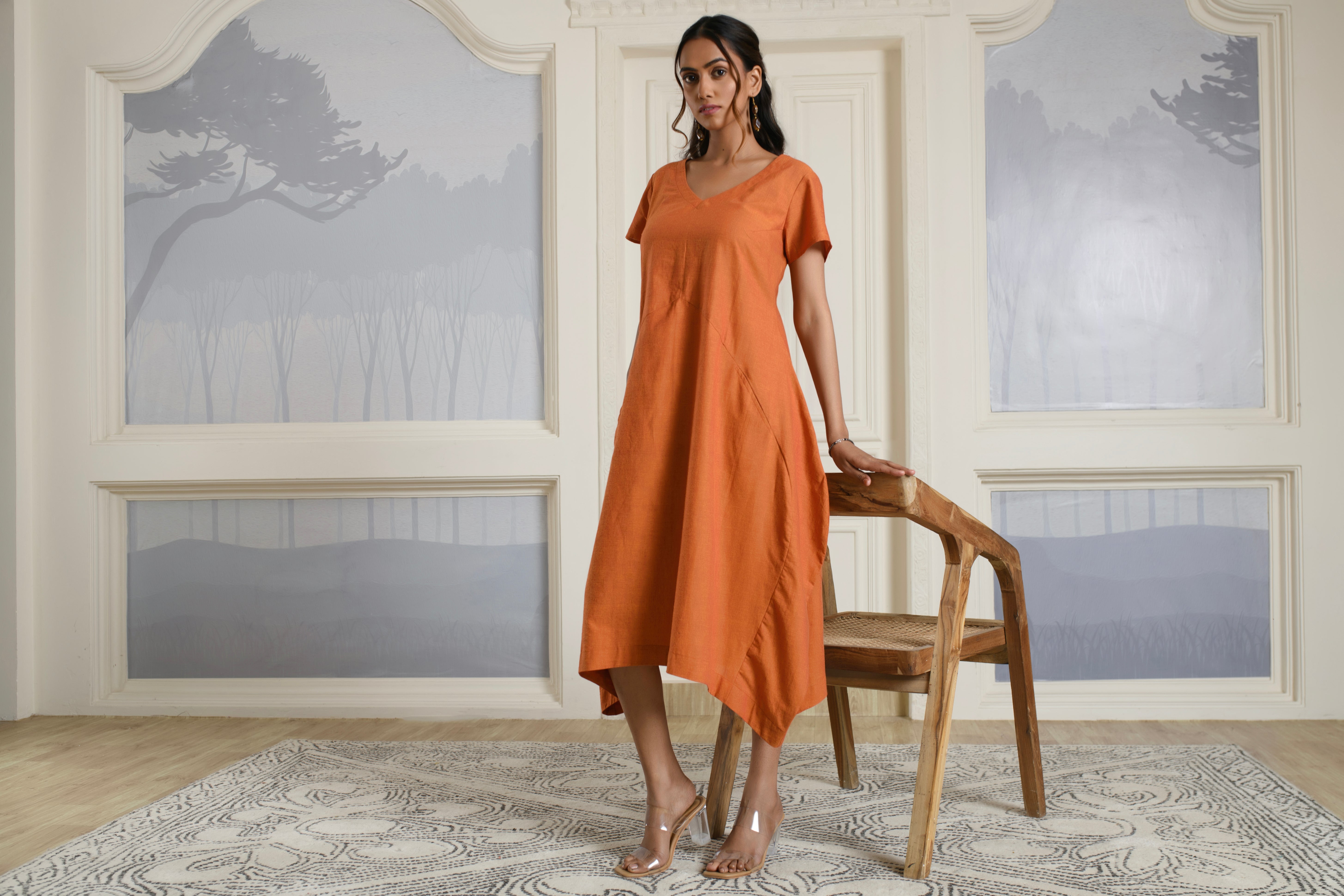 Orange V-neck Cotton Dress