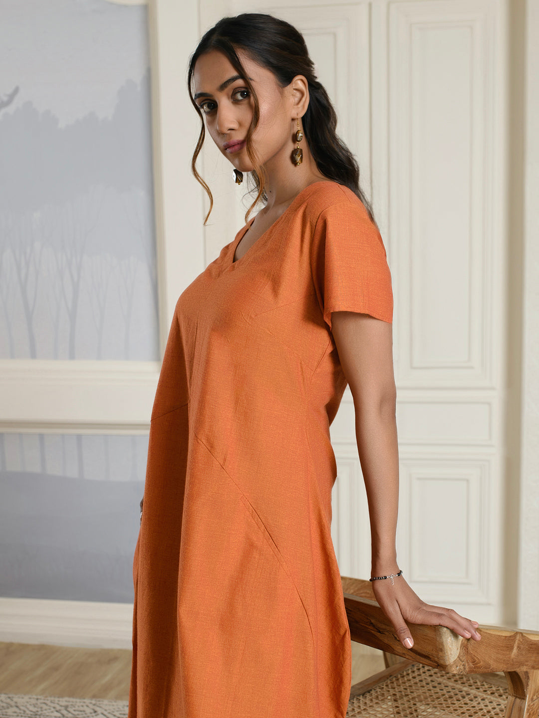 Orange V-neck Cotton Dress