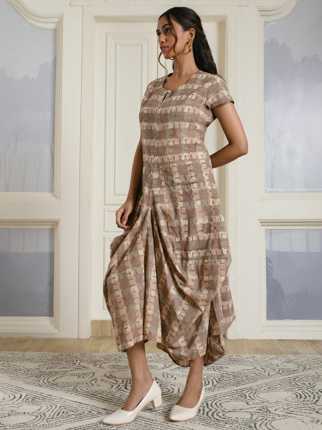 Geometric Cotton Drape Dress