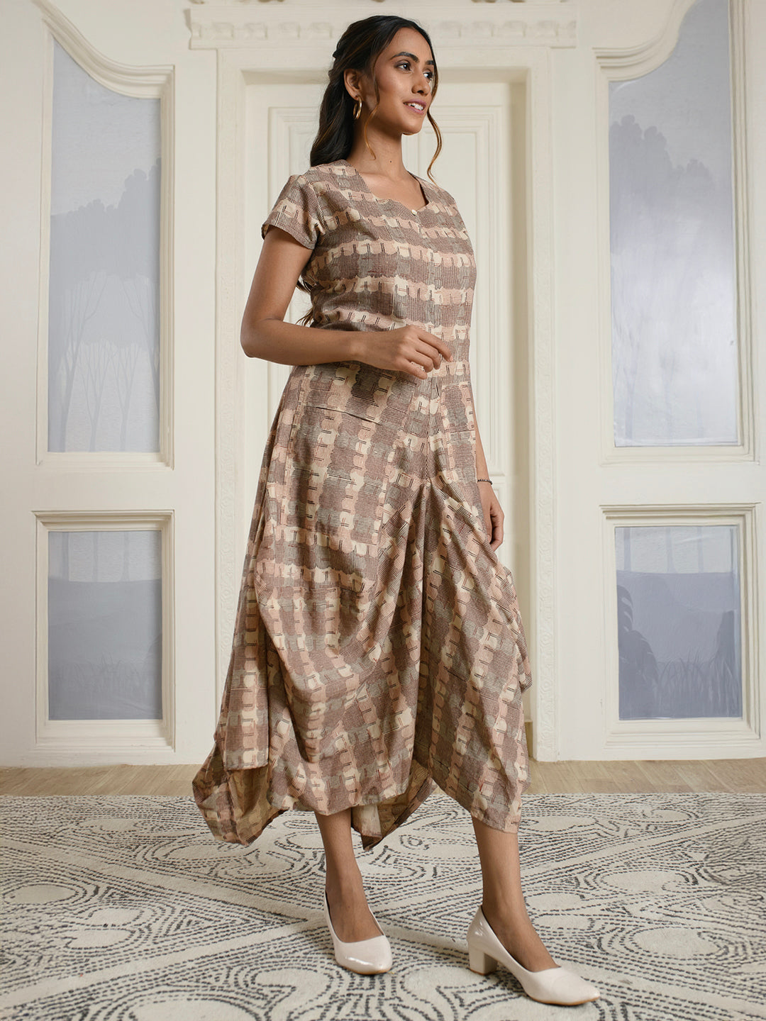 Geometric Cotton Drape Dress