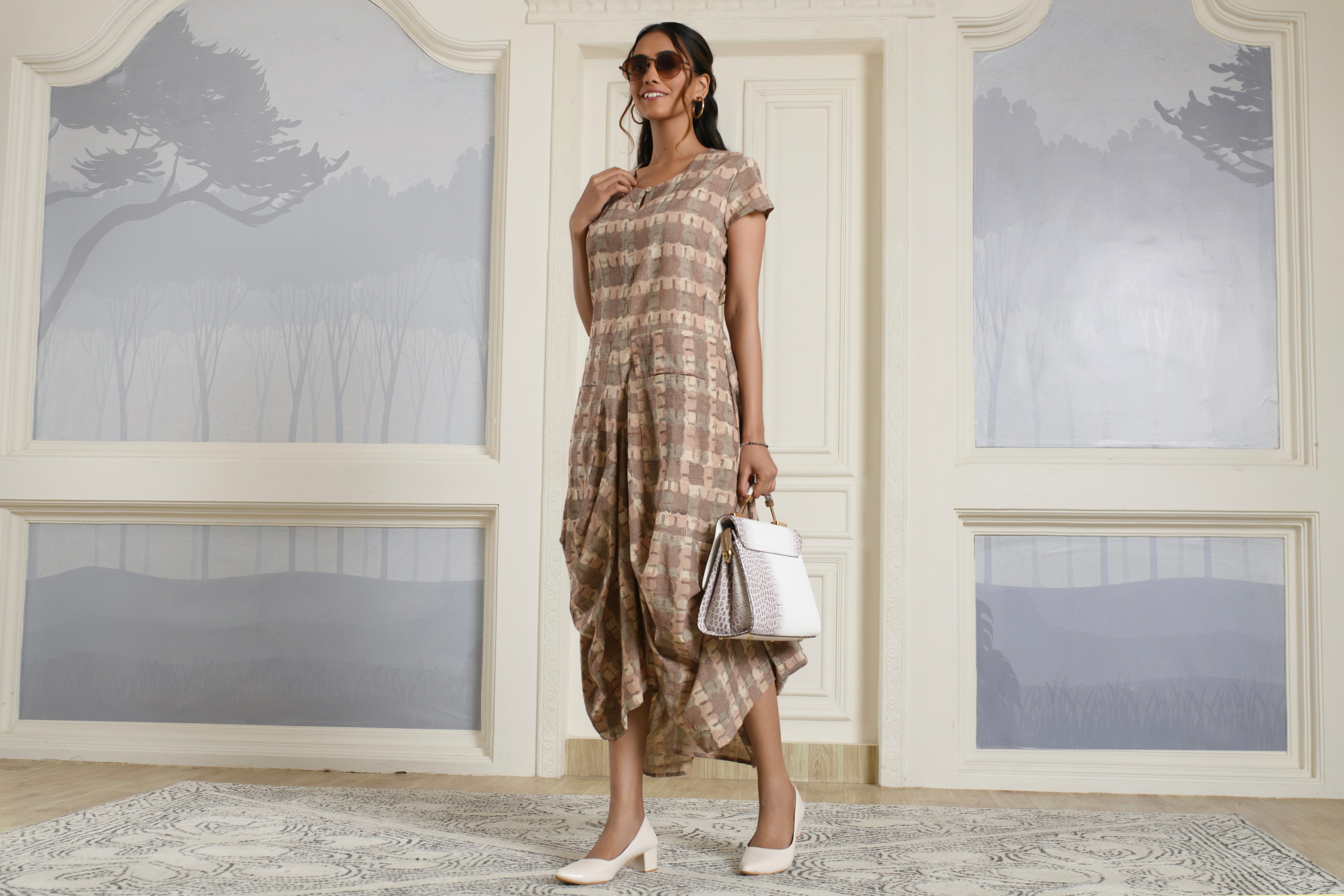 Geometric Cotton Drape Dress