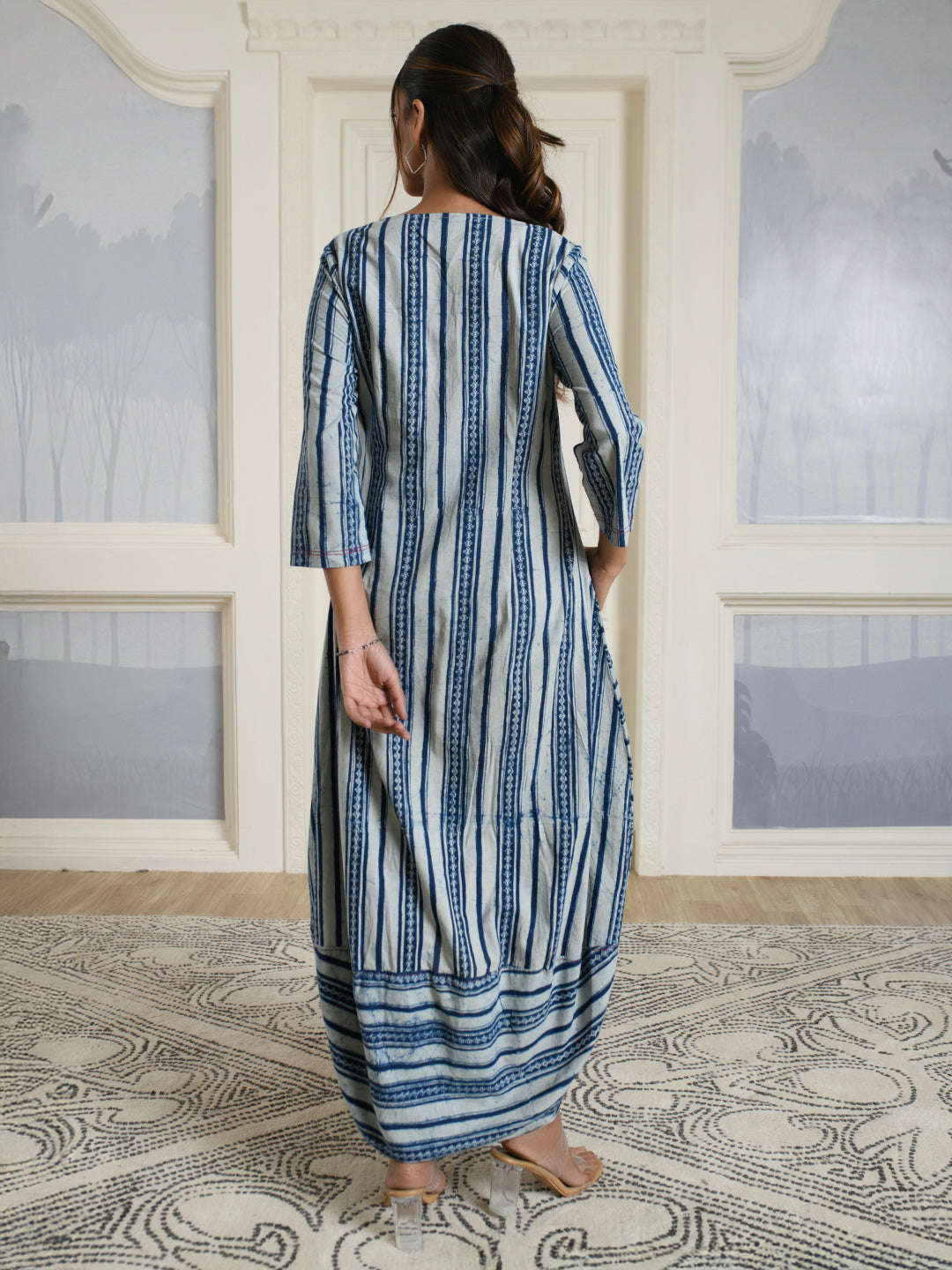 Blue Striped Cotton Maxi Dress