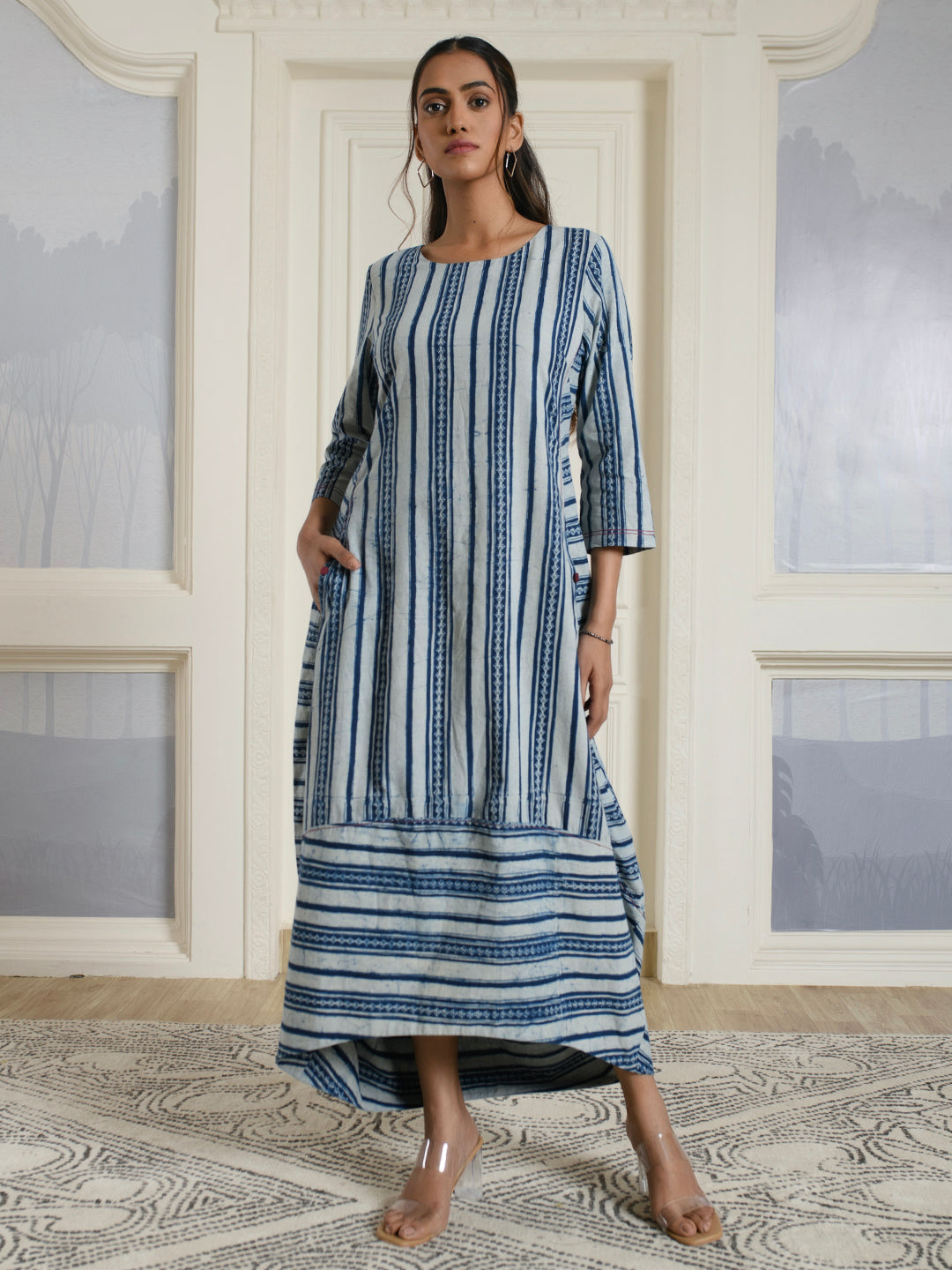 Blue Striped Cotton Maxi Dress