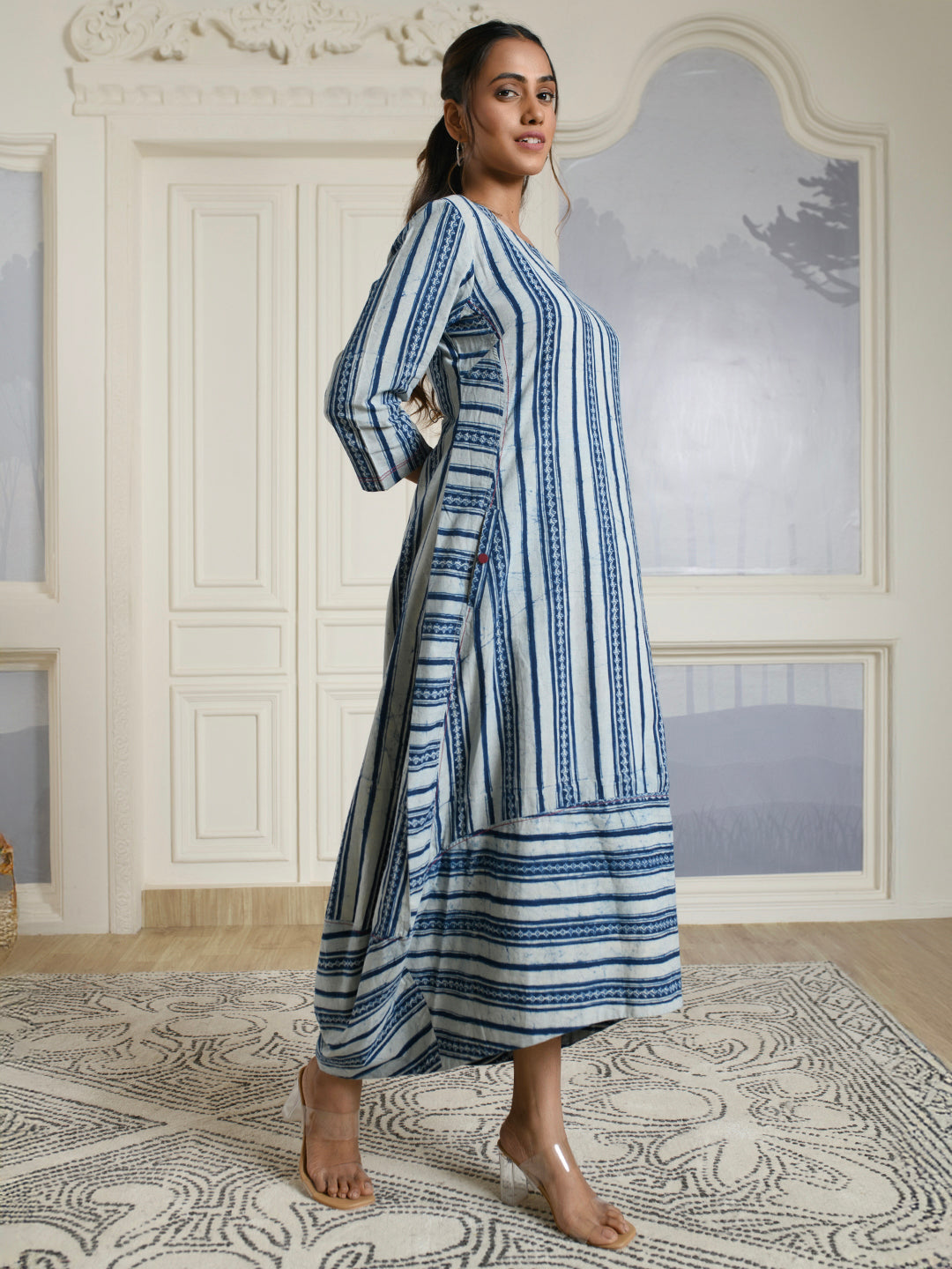 Blue Striped Cotton Maxi Dress