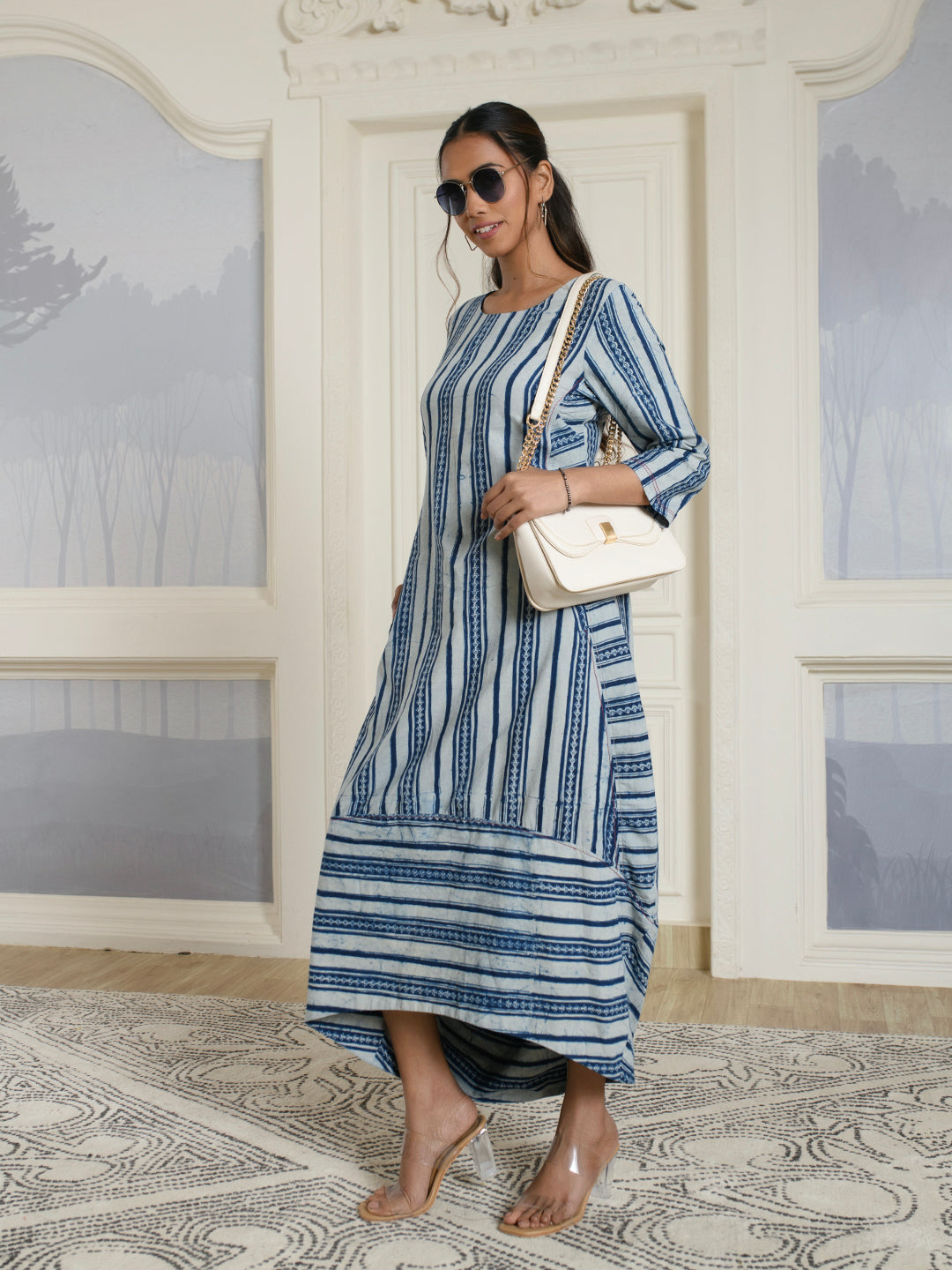 Blue Striped Cotton Maxi Dress
