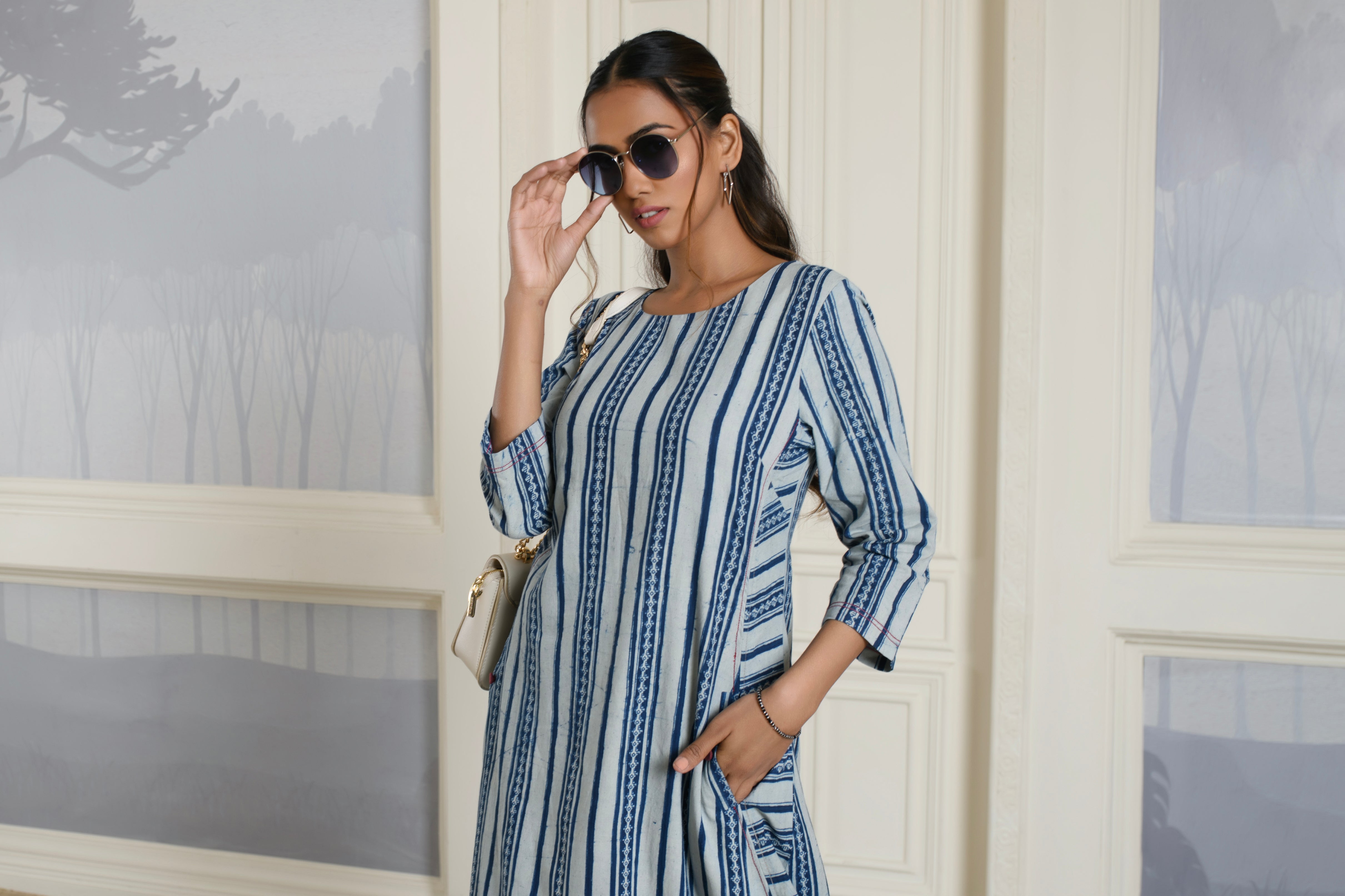 Blue Striped Cotton Maxi Dress