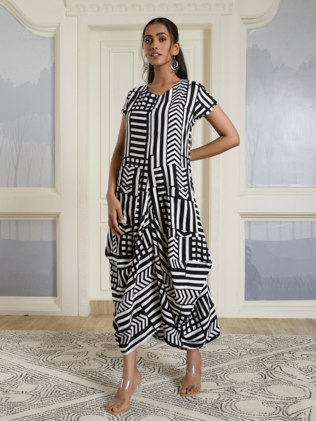 Black & White Cotton Drape Dress