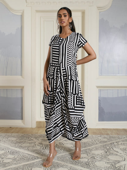 Black & White Cotton Drape Dress