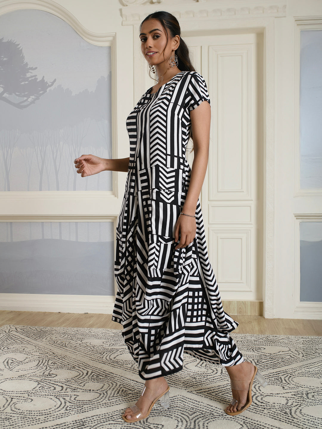 Black & White Cotton Drape Dress