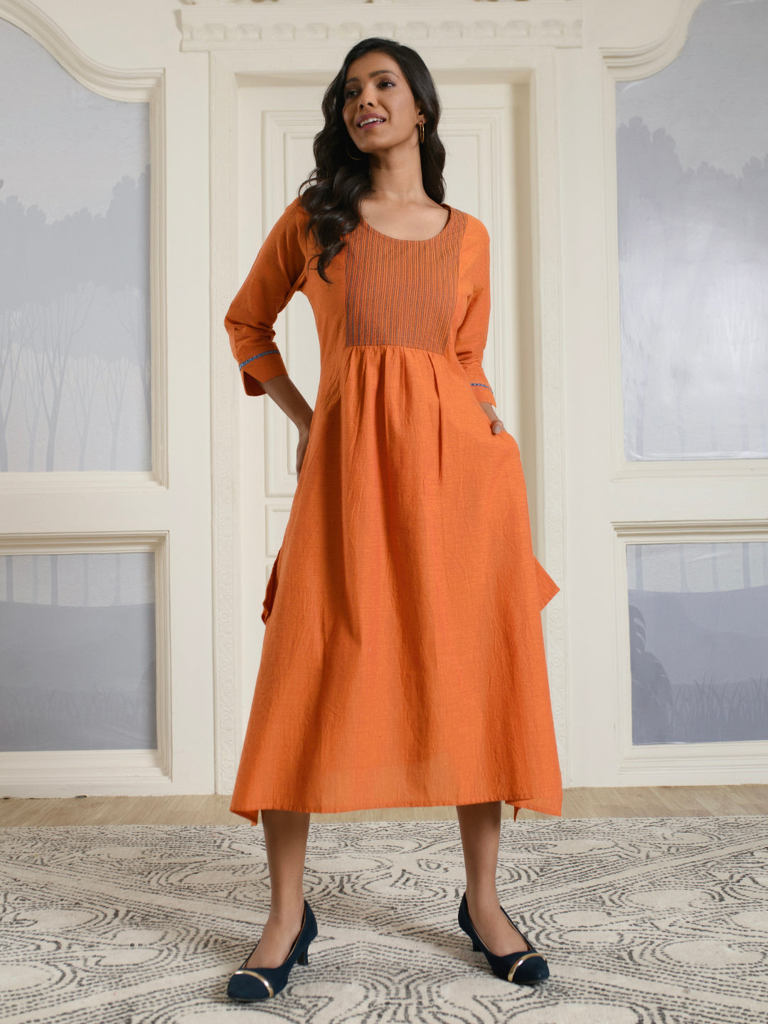 Orange Cotton A-line Dress