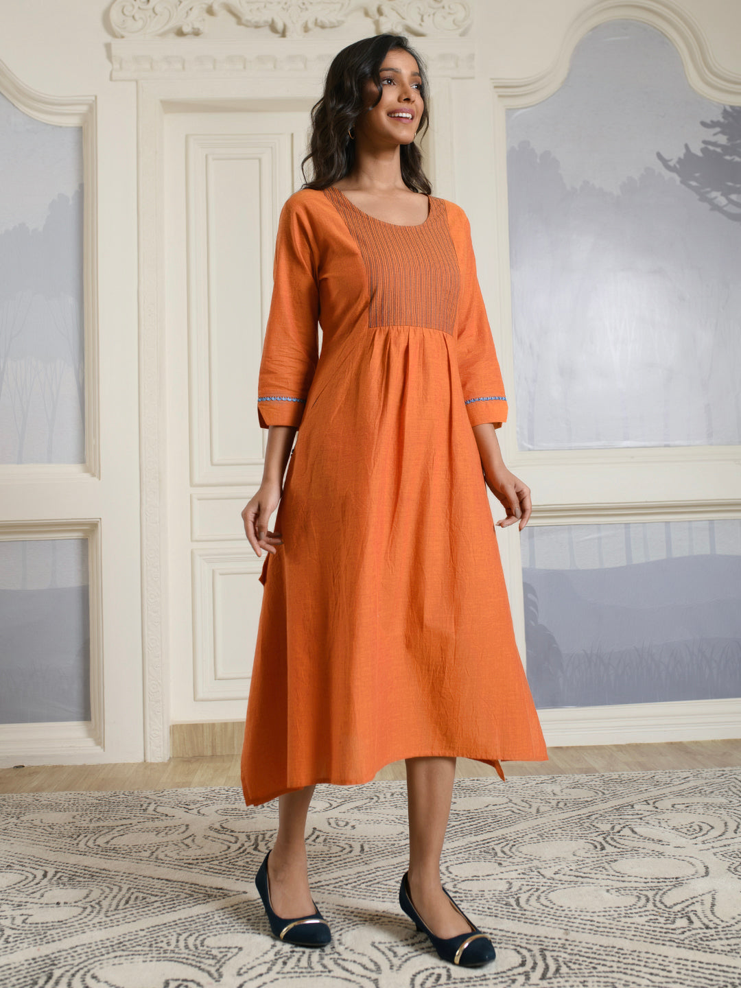 Orange Cotton A-line Dress