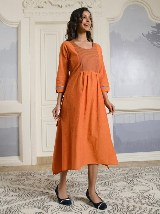 Orange Cotton A-line Dress