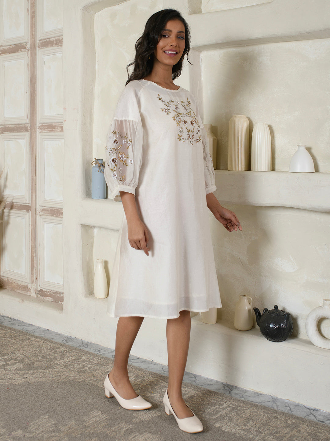 Ivory Embroidered Organza Dress