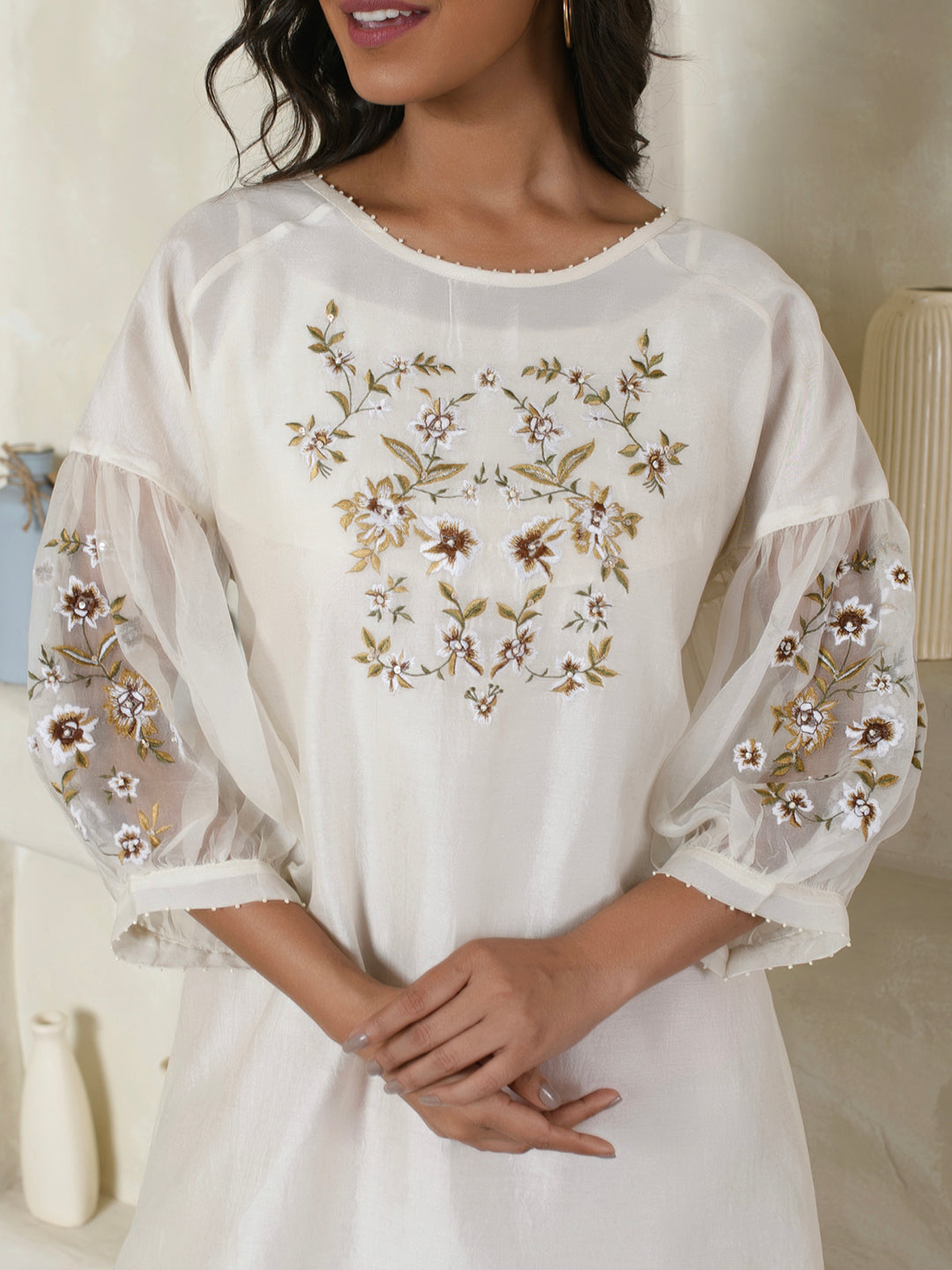 Ivory Embroidered Organza Dress