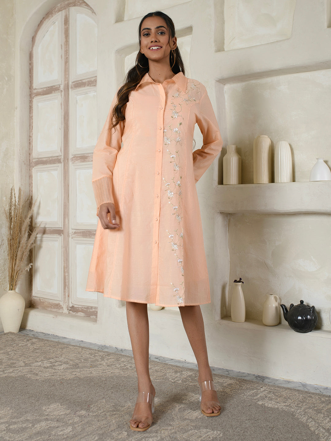 Peach Floral Shirt Dress