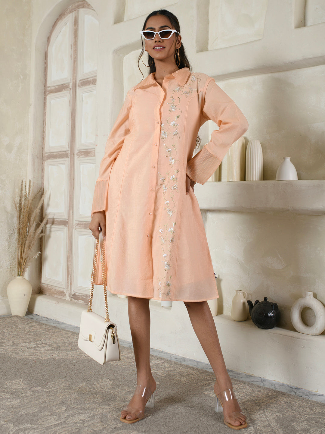 Peach Floral Shirt Dress
