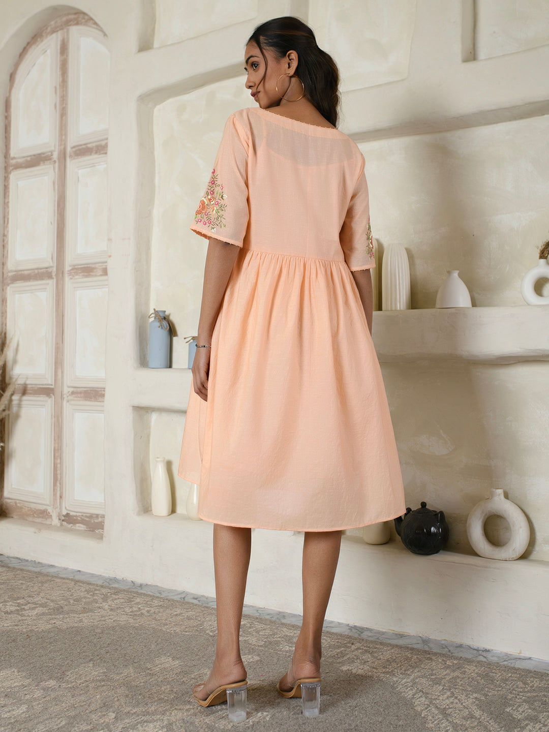 Peach Floral Embroidery Dress