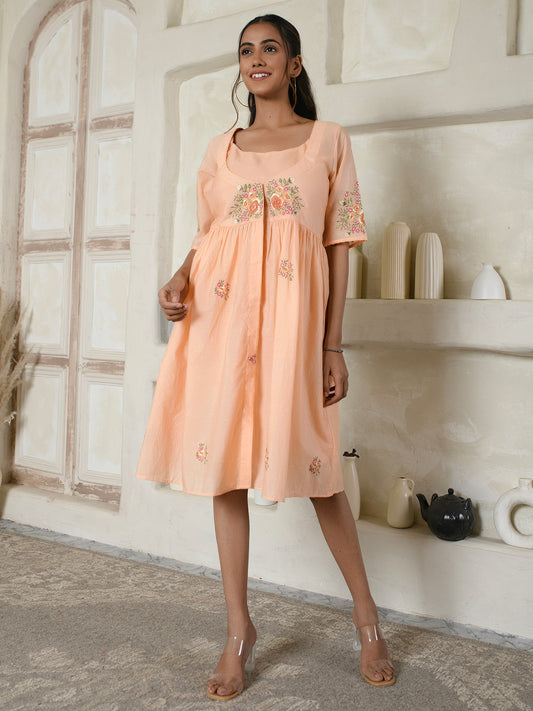 Peach Floral Embroidery Dress