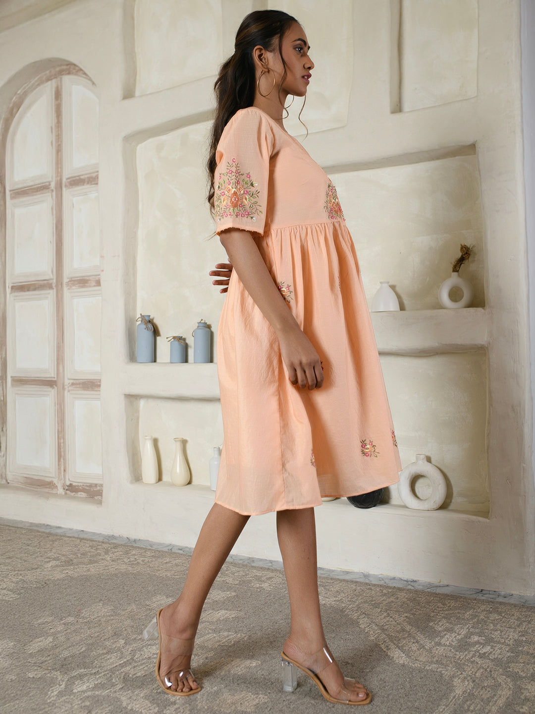 Peach Floral Embroidery Dress